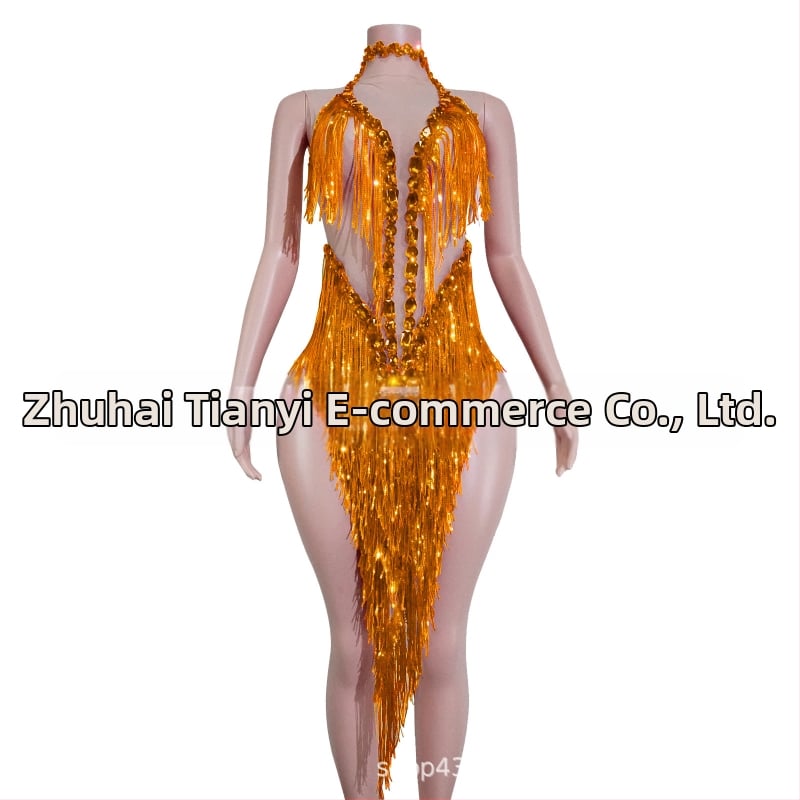 Naistei võrgust kleit, millel läikivad rhinestones ja frangid – lavastuslik kostüüm Latīno tantsude jaoks, Euroopa ja Ameerika stiil, 2025 sügis, polüester-spandex-puuvillase segu