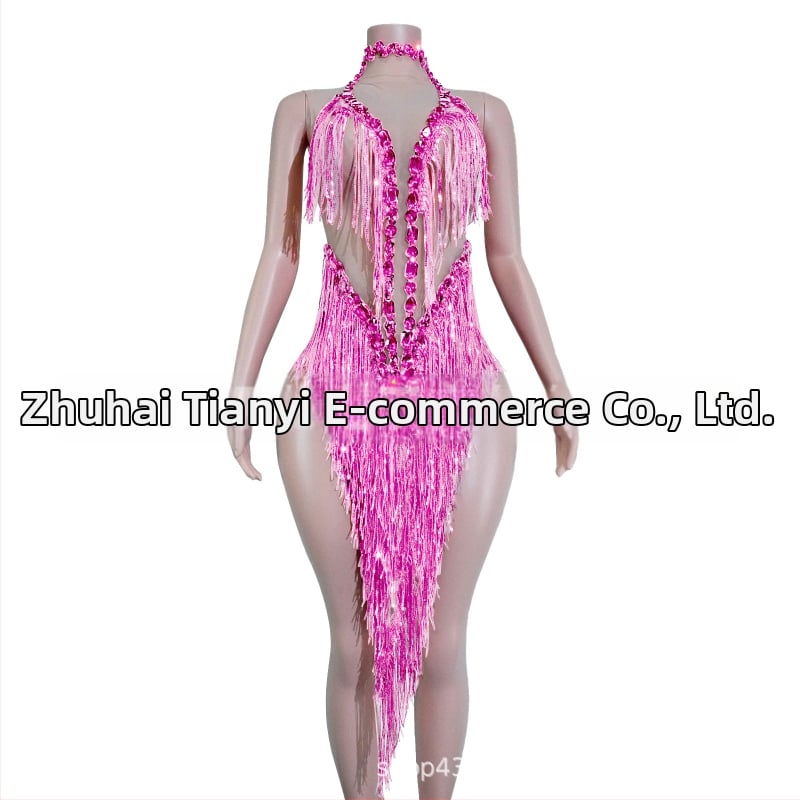 Naistei võrgust kleit, millel läikivad rhinestones ja frangid – lavastuslik kostüüm Latīno tantsude jaoks, Euroopa ja Ameerika stiil, 2025 sügis, polüester-spandex-puuvillase segu