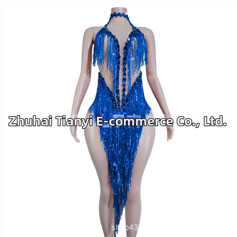 Naistei võrgust kleit, millel läikivad rhinestones ja frangid – lavastuslik kostüüm Latīno tantsude jaoks, Euroopa ja Ameerika stiil, 2025 sügis, polüester-spandex-puuvillase segu