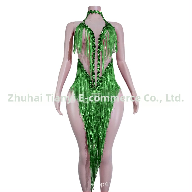 Naistei võrgust kleit, millel läikivad rhinestones ja frangid – lavastuslik kostüüm Latīno tantsude jaoks, Euroopa ja Ameerika stiil, 2025 sügis, polüester-spandex-puuvillase segu