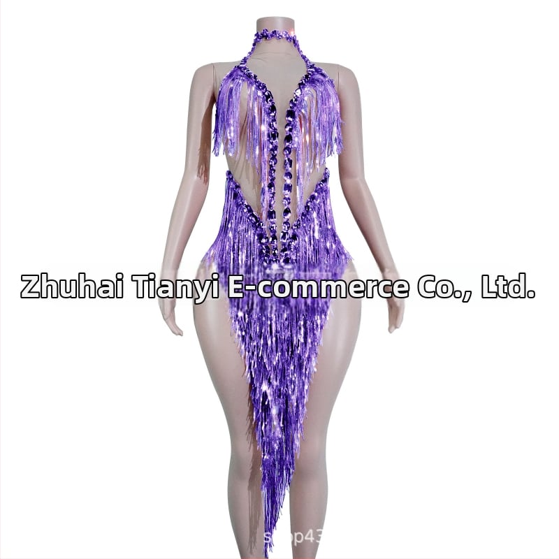 Naistei võrgust kleit, millel läikivad rhinestones ja frangid – lavastuslik kostüüm Latīno tantsude jaoks, Euroopa ja Ameerika stiil, 2025 sügis, polüester-spandex-puuvillase segu