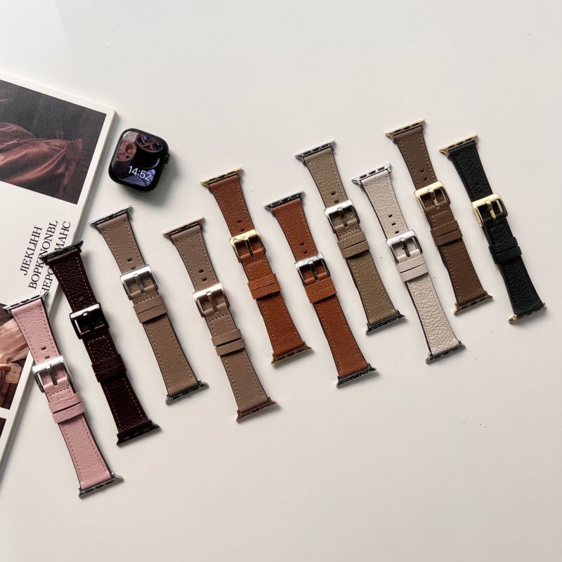 Brățară Apple Watch din piele de miel autentică, textură cu model lychee, cataramă cu pin, compatibilă cu Apple Watch