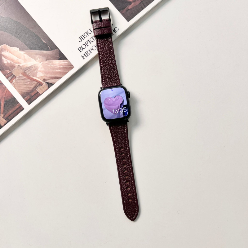 Brățară Apple Watch din piele de miel autentică, textură cu model lychee, cataramă cu pin, compatibilă cu Apple Watch