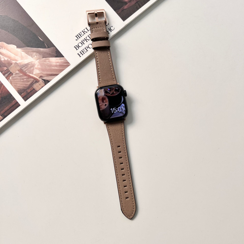 Brățară Apple Watch din piele de miel autentică, textură cu model lychee, cataramă cu pin, compatibilă cu Apple Watch