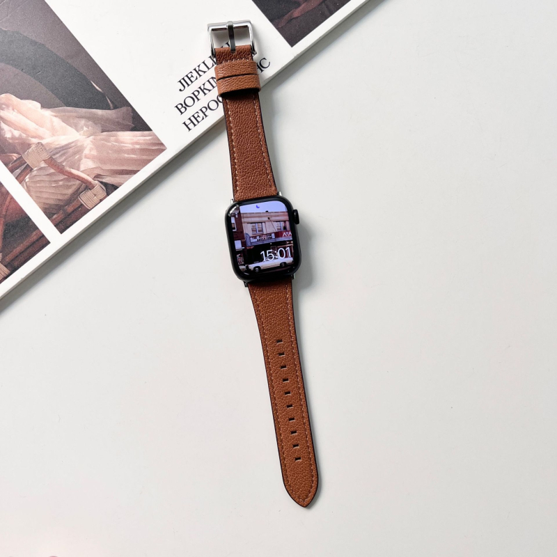 Brățară Apple Watch din piele de miel autentică, textură cu model lychee, cataramă cu pin, compatibilă cu Apple Watch