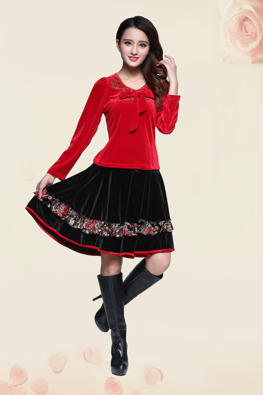 Kvadrāta dejas trīsdaļīgs komplekts, garas piedurknes, zelta samts, 95% lina, ziemas, pavasara un rudens sezonām