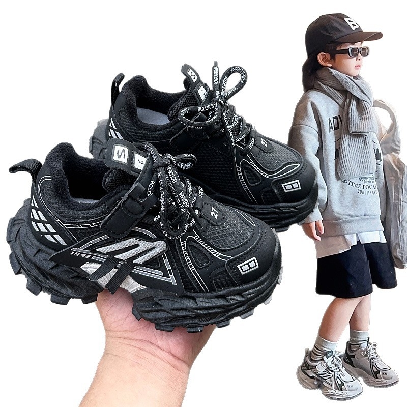 Bērnu skrējiena apavi ar vilnas oderi, augšdaļa no mākslīgās ādas, PU zole, priekšējais šņorainums - 2025. gada rudens izlaišana