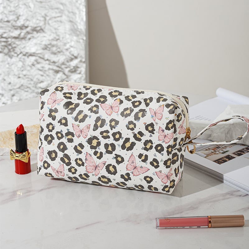 Дамска козметична чанта с леопардов принт — преносима, голям капацитет за пътуване; изработена от плат, подплата канвас, цип