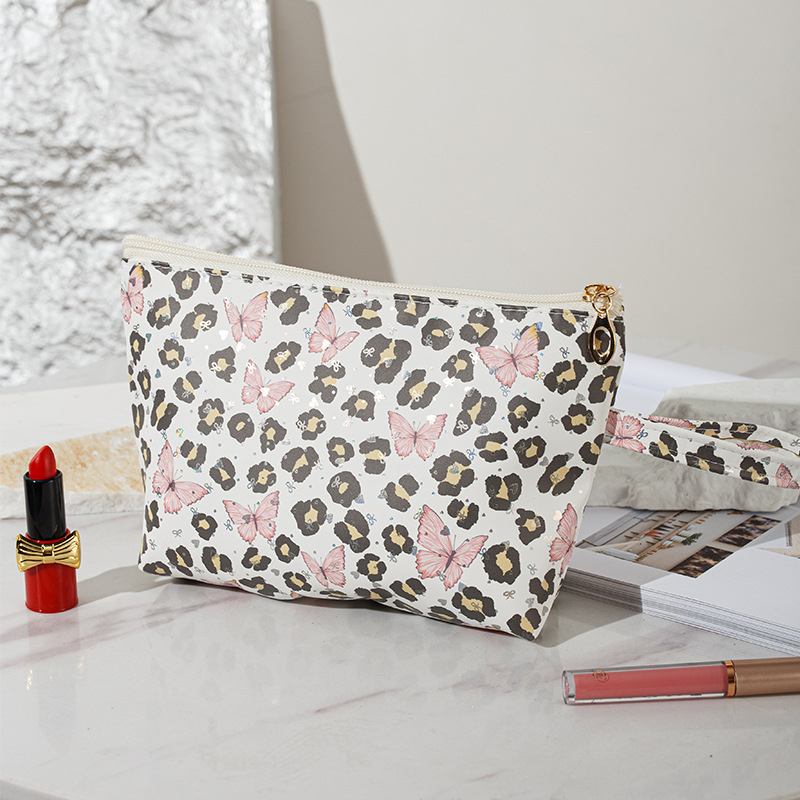 Дамска козметична чанта с леопардов принт — преносима, голям капацитет за пътуване; изработена от плат, подплата канвас, цип