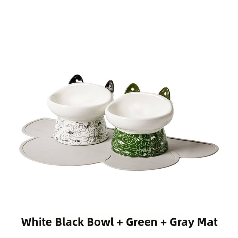 Κεραμικό μπολ γάτας με ψηλά πόδια, διπλό μπολ φαγητού και νερού, αντι-ανατροπή