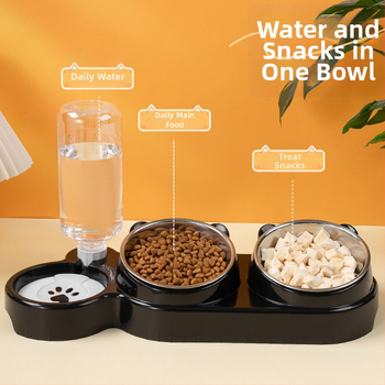 Διπλό μπολ για γάτες από ανοξείδωτο ατσάλι με αυτόματη αναπλήρωση νερού και σύστημα 2-σε-1 πόσιμο και φαγητό