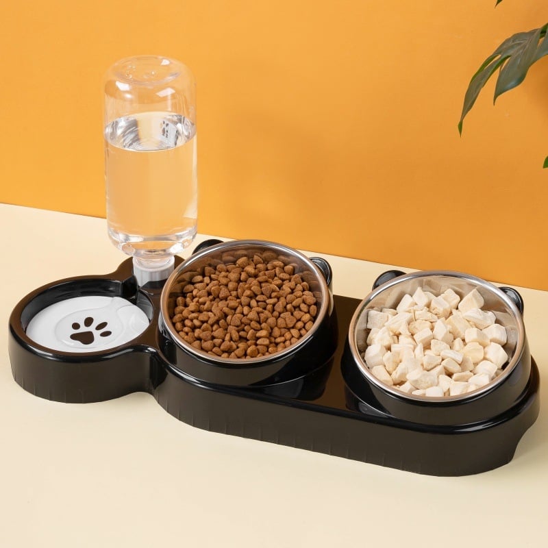Διπλό μπολ για γάτες από ανοξείδωτο ατσάλι με αυτόματη αναπλήρωση νερού και σύστημα 2-σε-1 πόσιμο και φαγητό