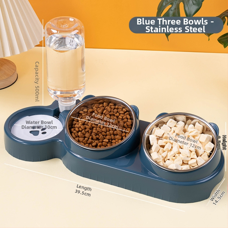 Διπλό μπολ για γάτες από ανοξείδωτο ατσάλι με αυτόματη αναπλήρωση νερού και σύστημα 2-σε-1 πόσιμο και φαγητό