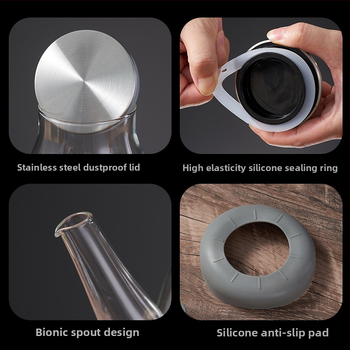 Aliejaus indas iš karščiui atsparaus borosilikatinio stiklo, nepralaidus virtuvės aliejaus buteliukas