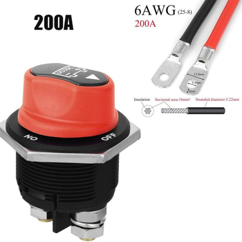 Transportlīdzekļu barošanas atslēdzējs, 50A/100A/200A/300A, iekļauts 2 vadu komplekts