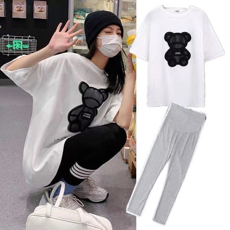 Κουστούμι εγκυμοσύνης για καλοκαίρι με παντελόνια, μανίκια 3/4, μανίκια σε σχήμα πετάλου, cropped παντελόνια, street-style σχεδίαση, βασικό ύφασμα 90-95%