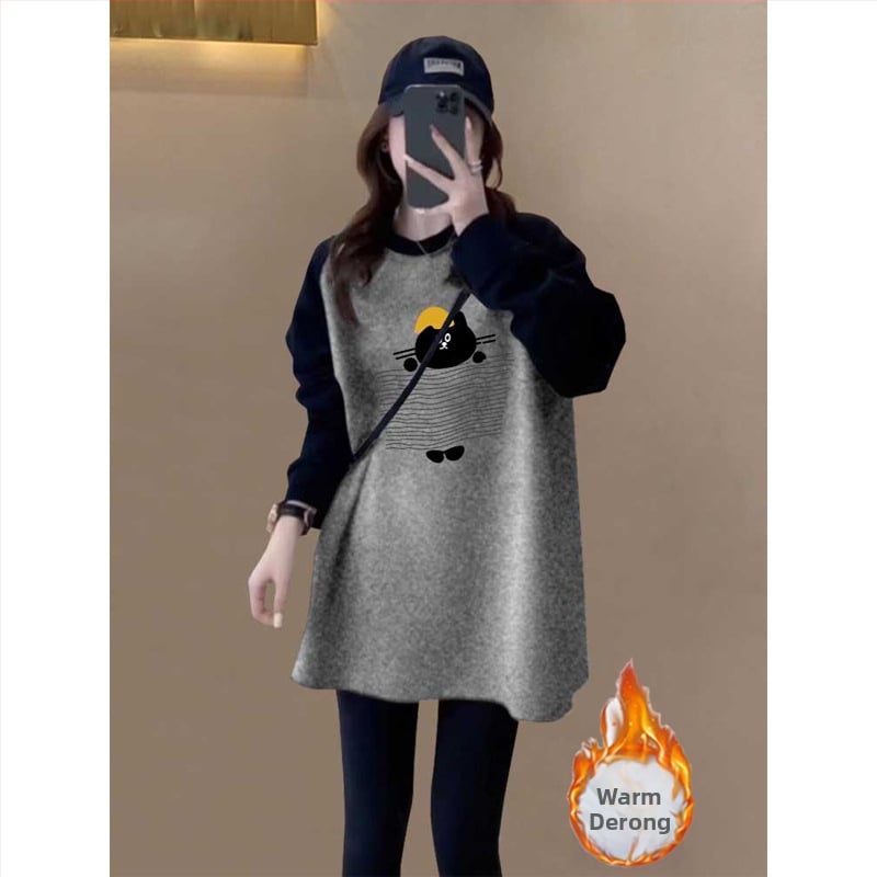 Γυναικείο τοπ βάσης με μέσο μήκος, δύο-τόνο βελούδινο βουρτσισμένο ύφασμα, μακριά μανίκια, στρογγυλή λαιμόκηψη, χαλαρή εφαρμογή, ύφασμα από γούνα κουνελιού, μοτίβο με γράμματα, άνοιξη