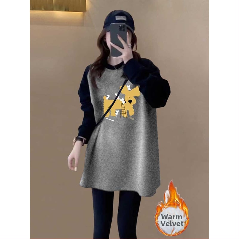 Γυναικείο τοπ βάσης με μέσο μήκος, δύο-τόνο βελούδινο βουρτσισμένο ύφασμα, μακριά μανίκια, στρογγυλή λαιμόκηψη, χαλαρή εφαρμογή, ύφασμα από γούνα κουνελιού, μοτίβο με γράμματα, άνοιξη