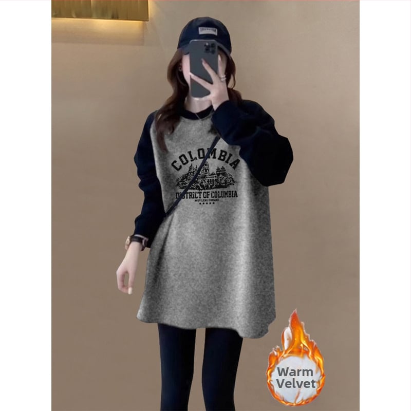 Γυναικείο τοπ βάσης με μέσο μήκος, δύο-τόνο βελούδινο βουρτσισμένο ύφασμα, μακριά μανίκια, στρογγυλή λαιμόκηψη, χαλαρή εφαρμογή, ύφασμα από γούνα κουνελιού, μοτίβο με γράμματα, άνοιξη