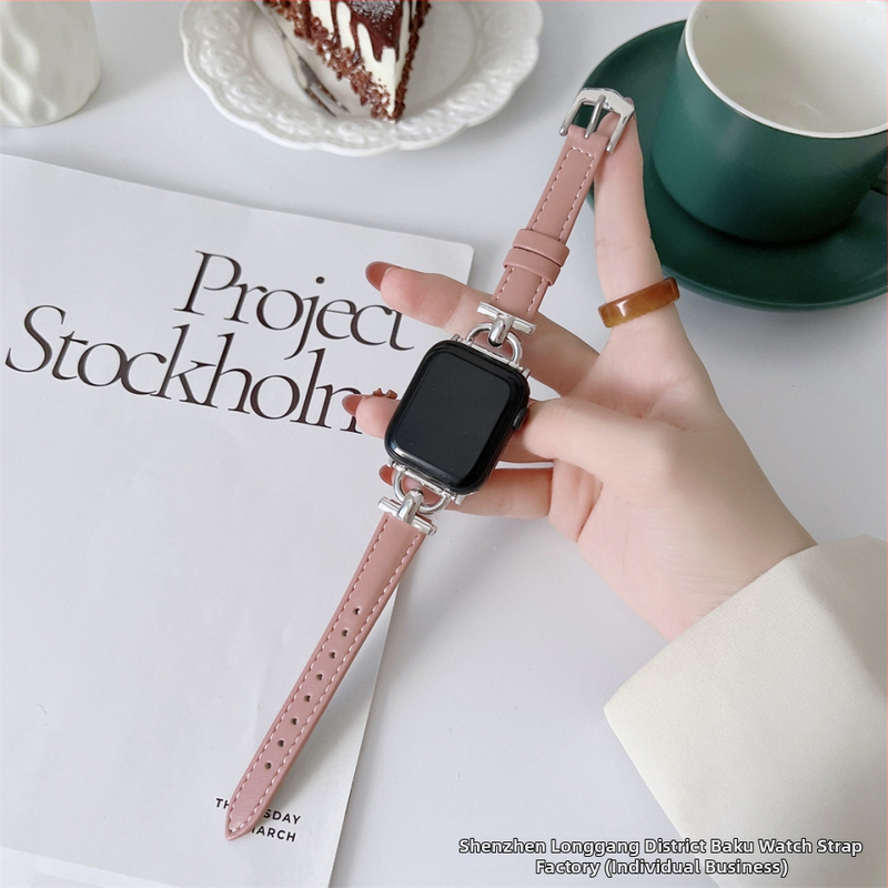 Kožený remienok na Apple Watch s D sponou pre 56789 Gen SE – pravá koža, jarné 2024, štýl svieži a sladký