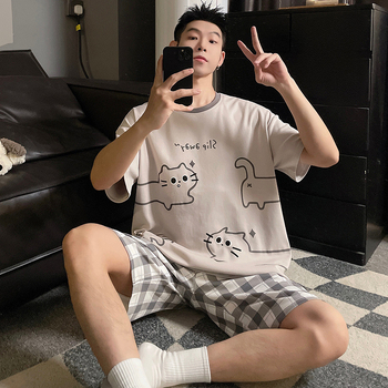 Muški pamučni pidžama set, lagan, s rukavima 3/4 i kratkim hlačama, prozračan i udoban