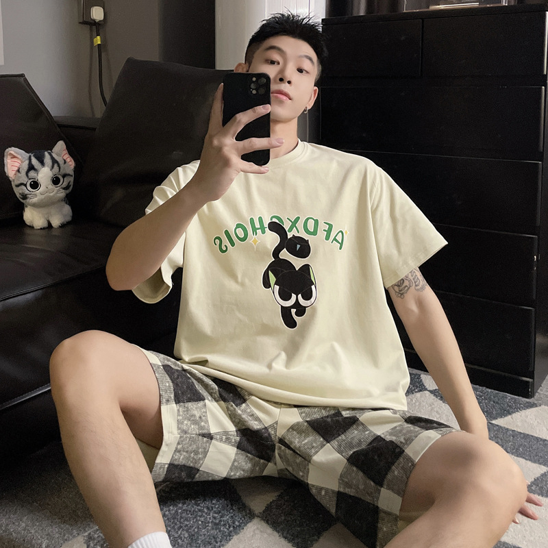 Muški pamučni pidžama set, lagan, s rukavima 3/4 i kratkim hlačama, prozračan i udoban