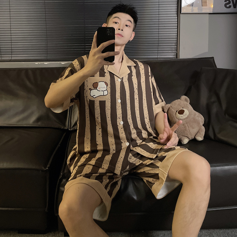 Muški pamučni pidžama set, lagan, s rukavima 3/4 i kratkim hlačama, prozračan i udoban