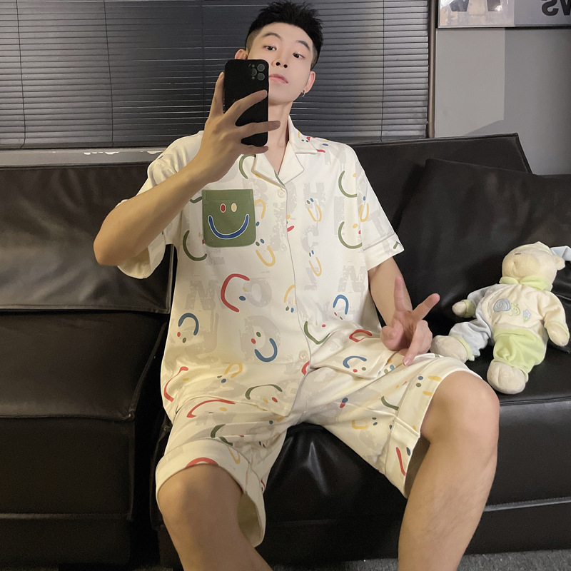 Muški pamučni pidžama set, lagan, s rukavima 3/4 i kratkim hlačama, prozračan i udoban