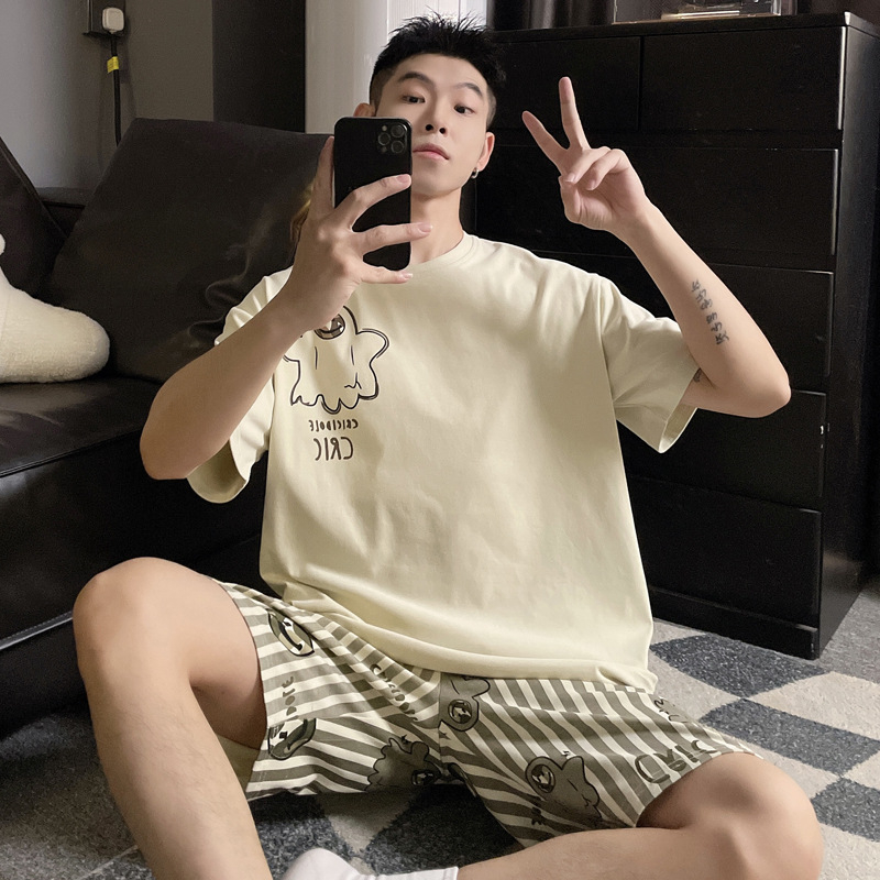 Muški pamučni pidžama set, lagan, s rukavima 3/4 i kratkim hlačama, prozračan i udoban