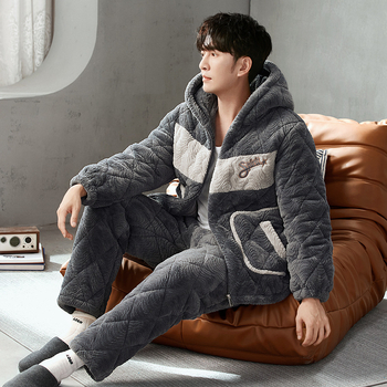 Muški zimski set pidžama: koralni velur, trostruko debeli jakna s punjenjem od pamuka, fleece unutrašnjost flanela, dugi rukavi, hlače