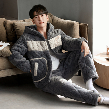 Muški zimski set pidžama: koralni velur, trostruko debeli jakna s punjenjem od pamuka, fleece unutrašnjost flanela, dugi rukavi, hlače