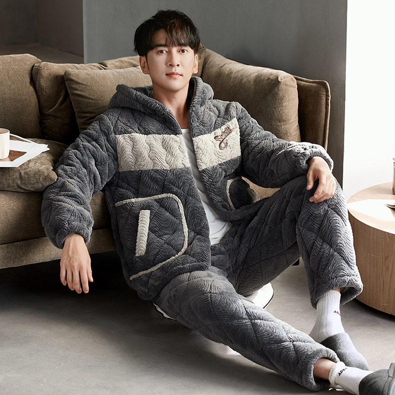 Muški zimski set pidžama: koralni velur, trostruko debeli jakna s punjenjem od pamuka, fleece unutrašnjost flanela, dugi rukavi, hlače
