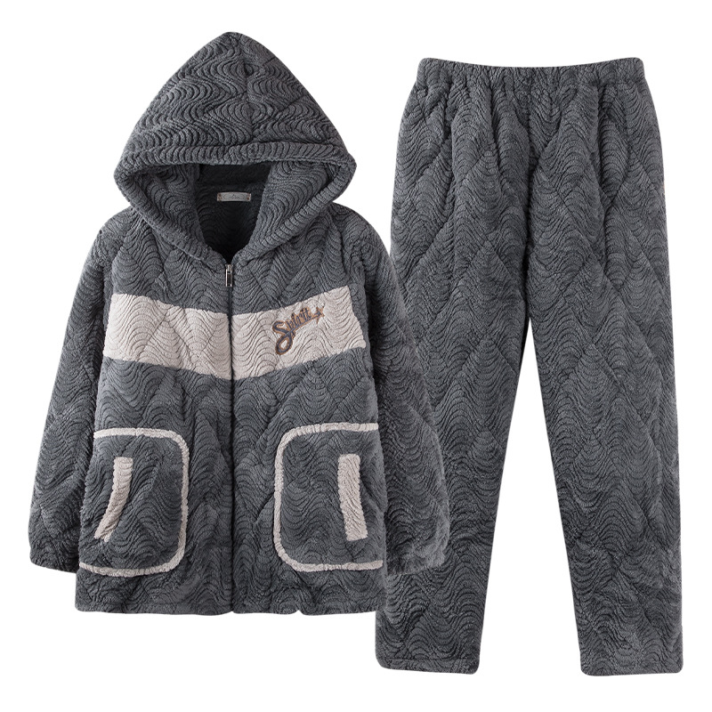 Muški zimski set pidžama: koralni velur, trostruko debeli jakna s punjenjem od pamuka, fleece unutrašnjost flanela, dugi rukavi, hlače