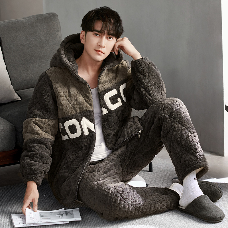 Muški zimski set pidžama: koralni velur, trostruko debeli jakna s punjenjem od pamuka, fleece unutrašnjost flanela, dugi rukavi, hlače