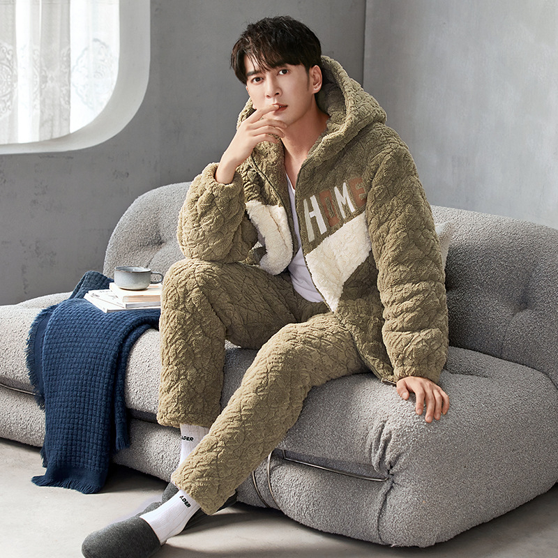 Muški zimski set pidžama: koralni velur, trostruko debeli jakna s punjenjem od pamuka, fleece unutrašnjost flanela, dugi rukavi, hlače