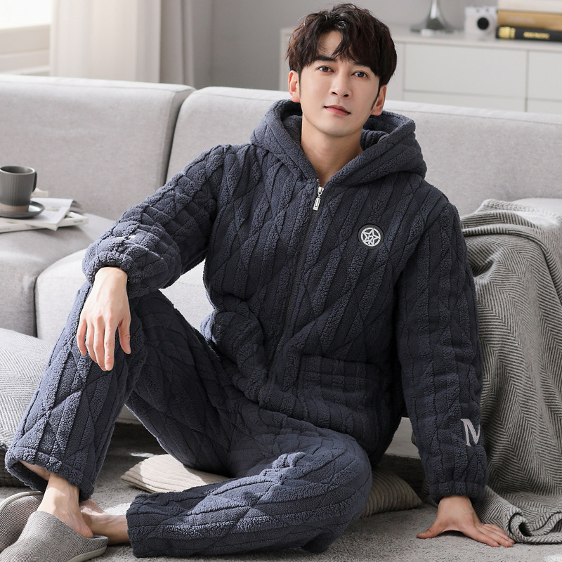 Muški zimski set pidžama: koralni velur, trostruko debeli jakna s punjenjem od pamuka, fleece unutrašnjost flanela, dugi rukavi, hlače