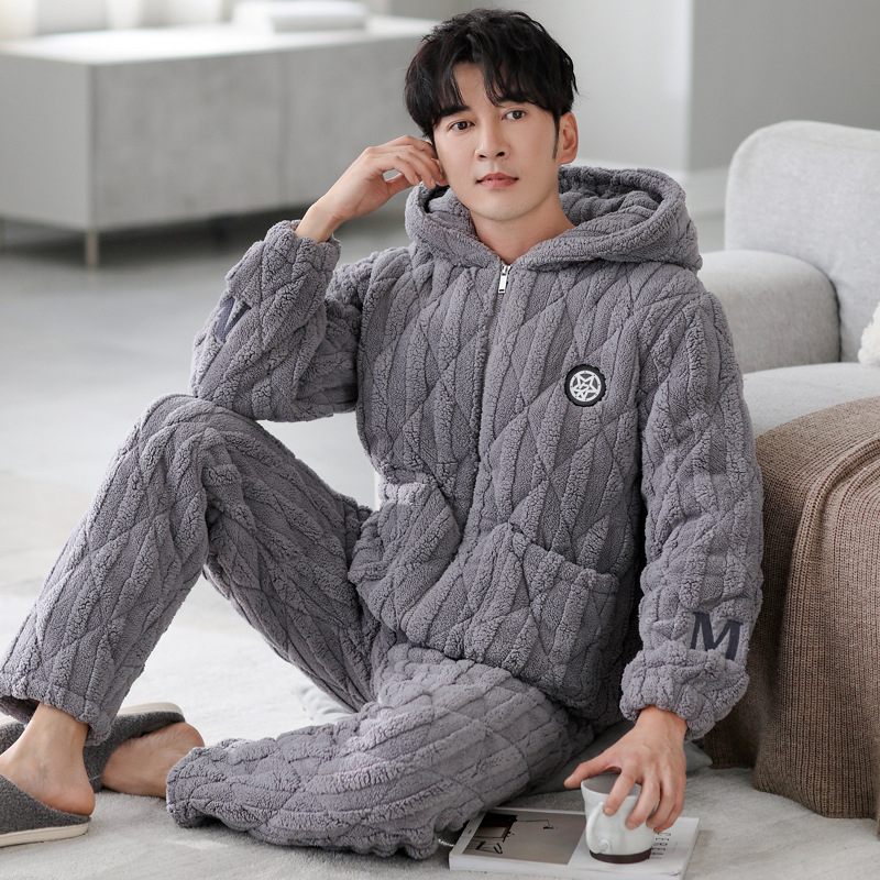 Muški zimski set pidžama: koralni velur, trostruko debeli jakna s punjenjem od pamuka, fleece unutrašnjost flanela, dugi rukavi, hlače