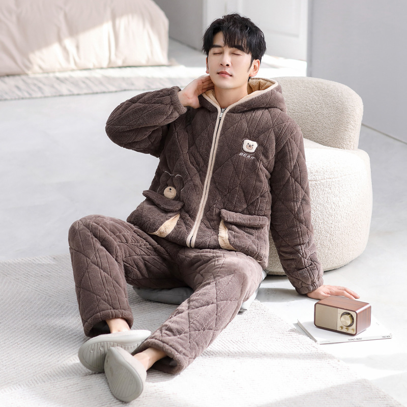 Muški zimski set pidžama: koralni velur, trostruko debeli jakna s punjenjem od pamuka, fleece unutrašnjost flanela, dugi rukavi, hlače