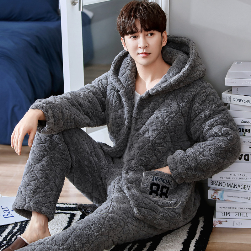 Muški zimski set pidžama: koralni velur, trostruko debeli jakna s punjenjem od pamuka, fleece unutrašnjost flanela, dugi rukavi, hlače