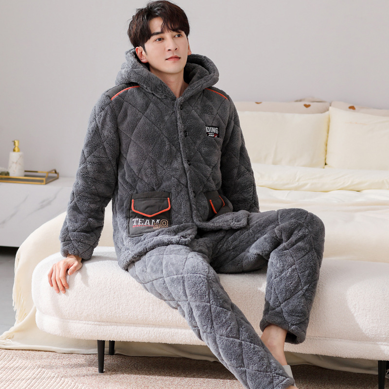 Muški zimski set pidžama: koralni velur, trostruko debeli jakna s punjenjem od pamuka, fleece unutrašnjost flanela, dugi rukavi, hlače