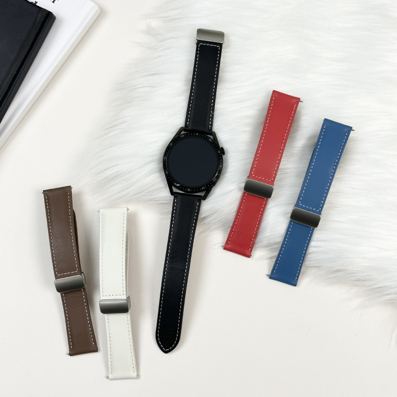 Remen od prave kože za pametni sat, 20/22 mm, kompatibilan sa Samsungom, Garminom, Huaweiom, Casiom i drugima; jednostavan stil, s presavijajućom kopčom.