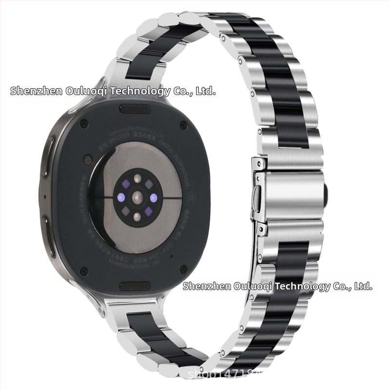 Brățară metalică compatibilă cu Samsung Watch 8, cataramă tip arc cu trei mărgele, oțel inoxidabil, închidere cu buton, stil modern