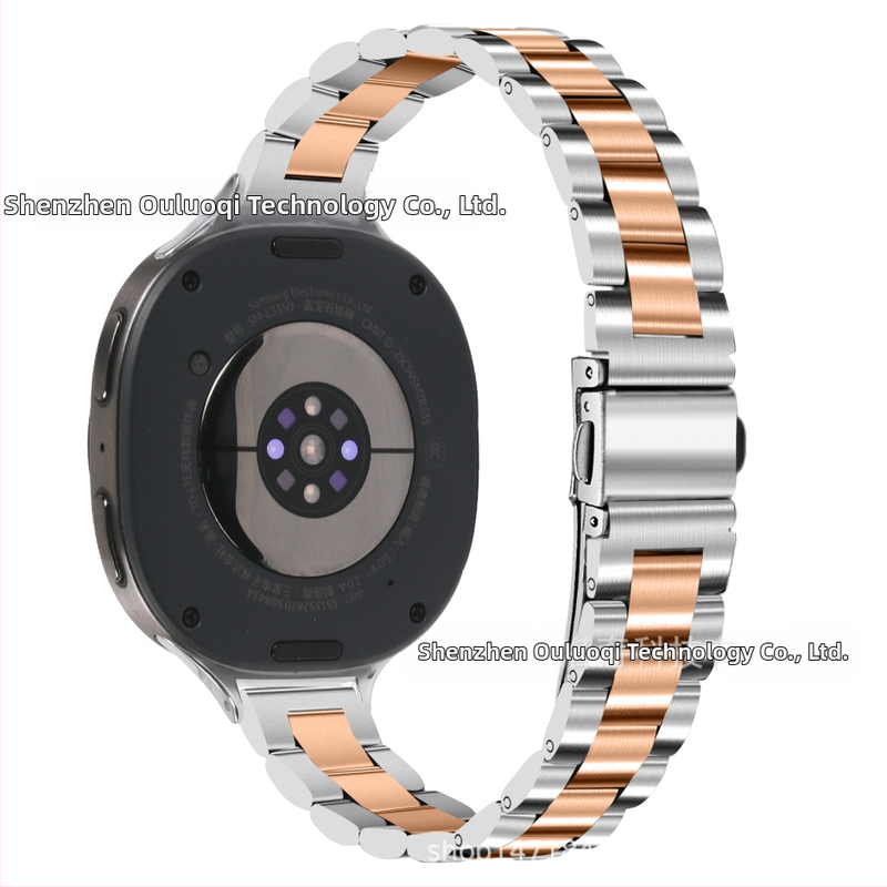 Brățară metalică compatibilă cu Samsung Watch 8, cataramă tip arc cu trei mărgele, oțel inoxidabil, închidere cu buton, stil modern