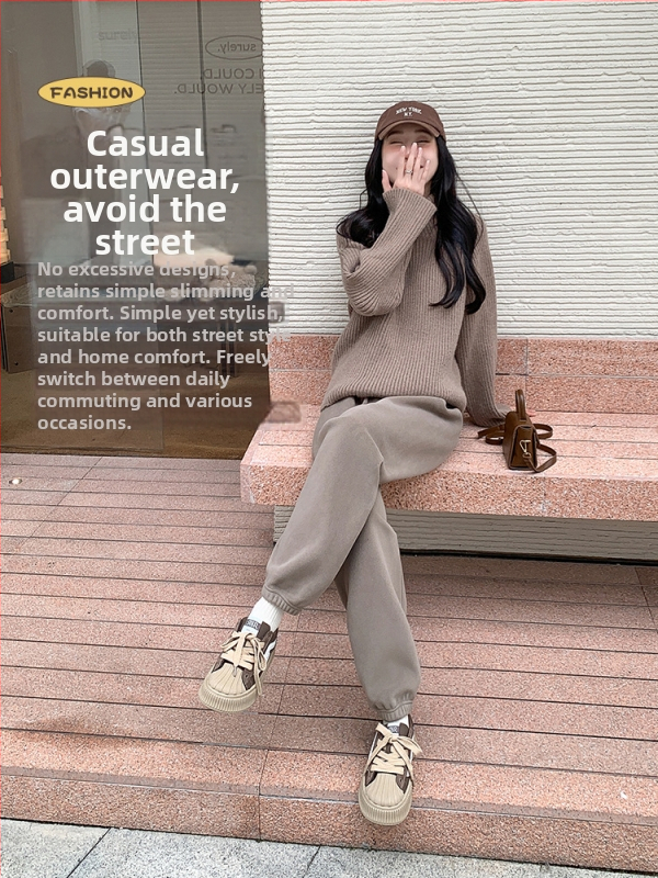 Ženske casual hlače od flisa, visoki struk, opušten kroj, duljina 9/10, debeli dvostrani topli flis