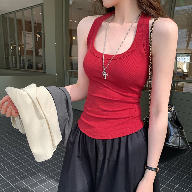 Női ujjatlan racerback felső - szűk szabás, egyszínű, akrilfonal, 2025 tavasz