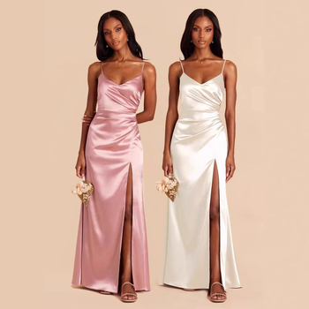 Платье за шаферки с презрамки тип спагети, драпирана дълга пола, талията – средна височина, без ръкави, полиестер, елегантен стил, пролет 2025.