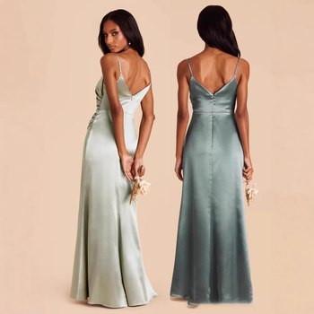 Платье за шаферки с презрамки тип спагети, драпирана дълга пола, талията – средна височина, без ръкави, полиестер, елегантен стил, пролет 2025.