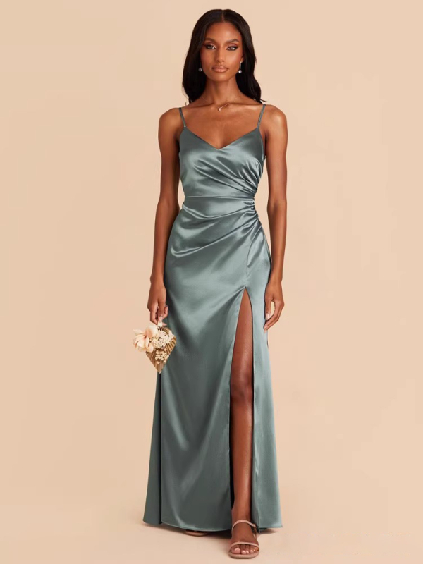 Платье за шаферки с презрамки тип спагети, драпирана дълга пола, талията – средна височина, без ръкави, полиестер, елегантен стил, пролет 2025.