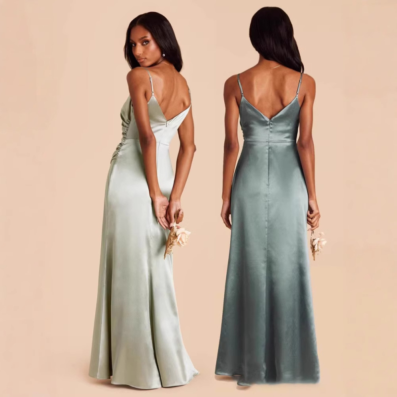 Платье за шаферки с презрамки тип спагети, драпирана дълга пола, талията – средна височина, без ръкави, полиестер, елегантен стил, пролет 2025.