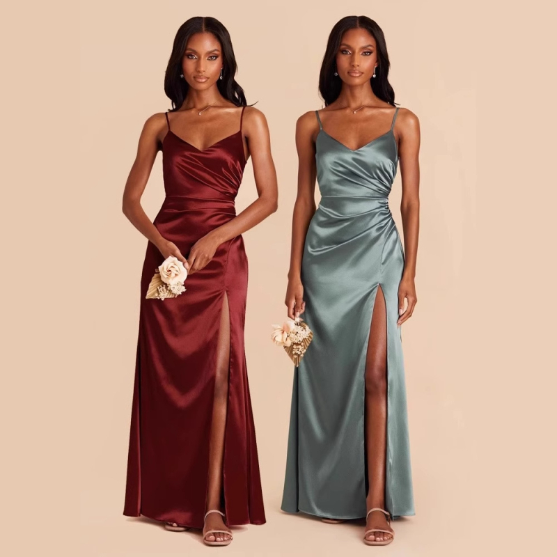 Платье за шаферки с презрамки тип спагети, драпирана дълга пола, талията – средна височина, без ръкави, полиестер, елегантен стил, пролет 2025.